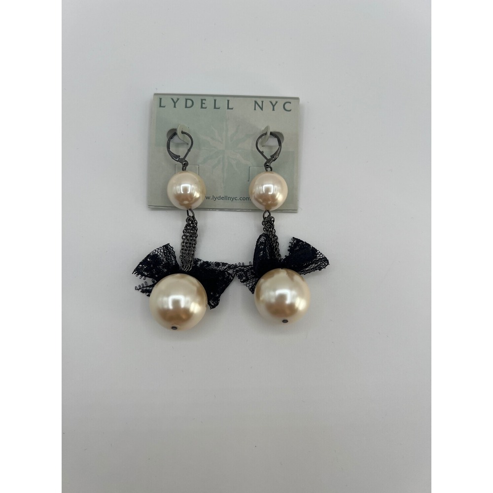 Lydell NYC Faux Pearl Drop Earrings Black Lace Bow Gunmetal Lever Back 121313